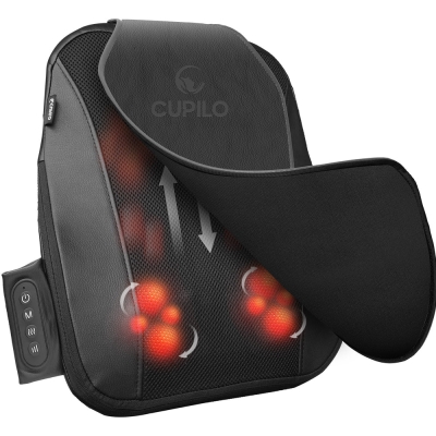 CuPiLo Shiatsu Back Massager with Heat  C Cordless 3D Kneading Massage Pillow for Lower Back Pain Relief, Portable for Home & Office, Rechargeable Gift for Dad Mom – CPL-2251-BLK